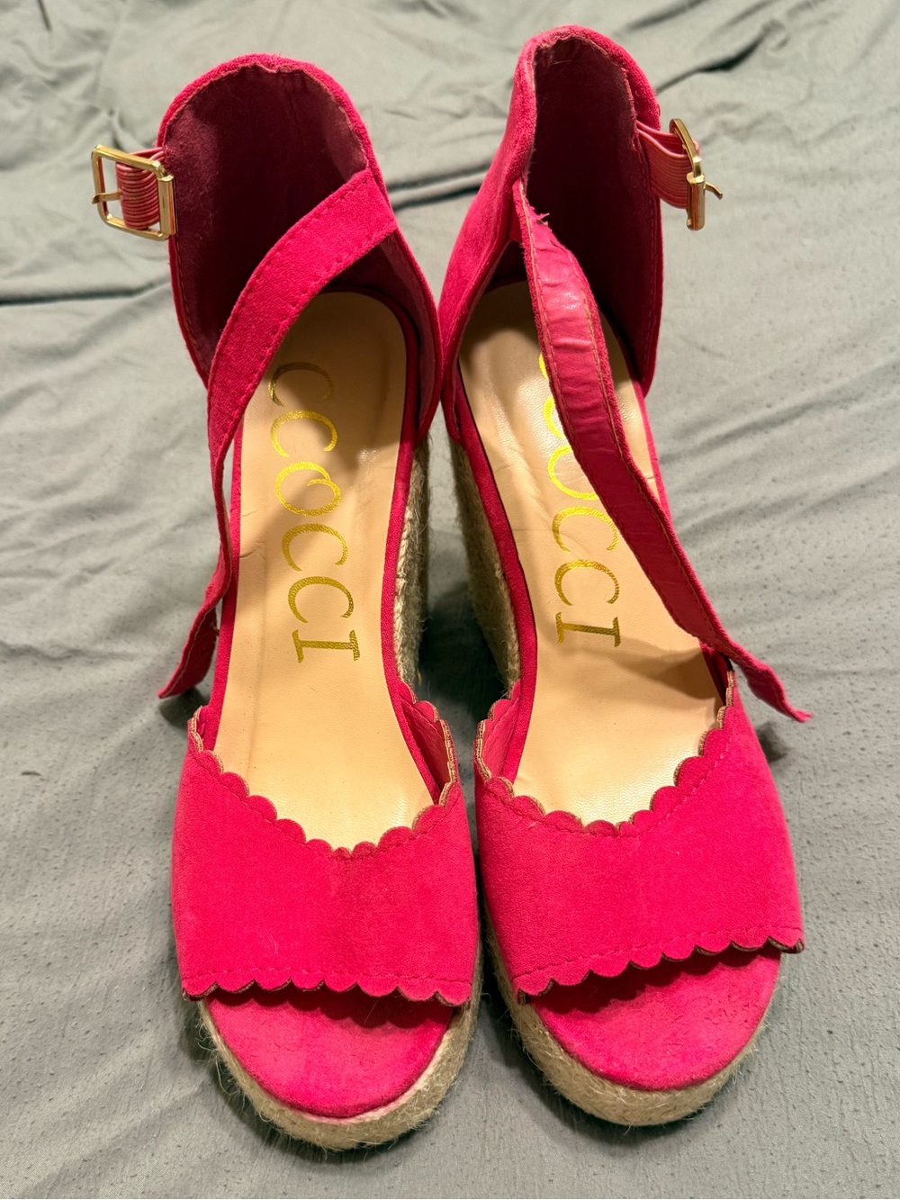 Pink Scalloped Espadrille Wedge Sandals